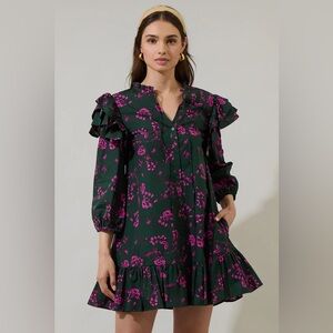 Sugarlips Dark Green Mini Dress with Pink Floral Print